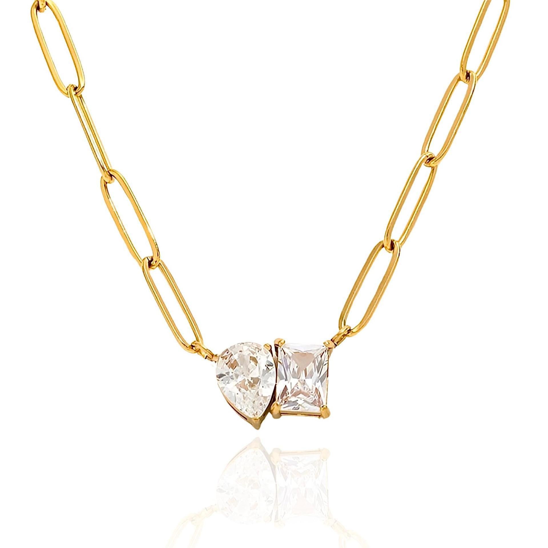 Chic Triangle & Rectangle Zirconia Pendant Pin Link Chain Gold Necklace JLTN1231