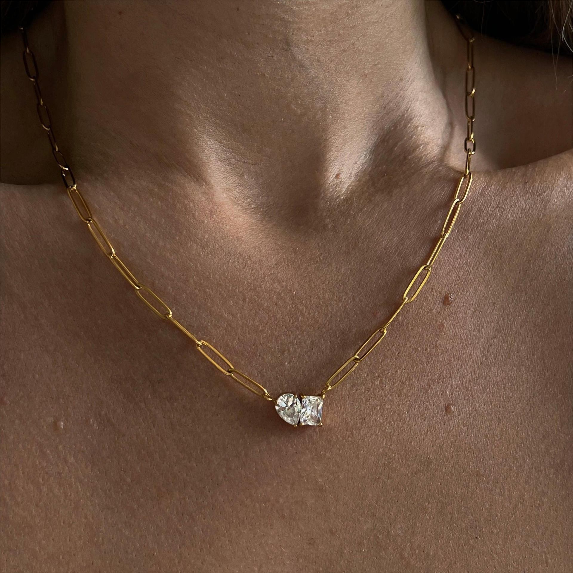 Chic Triangle & Rectangle Zirconia Pendant Pin Link Chain Gold Necklace JLTN1231