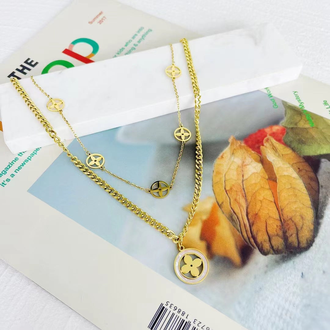 Dual Layered Leaf Clover Pendant Gold Necklace JLTN1232