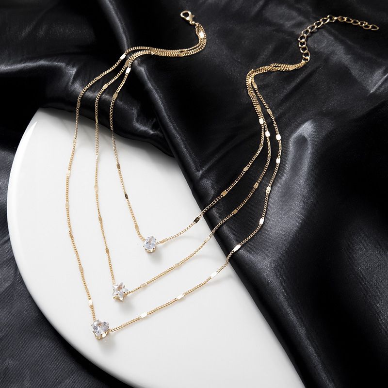 Tri Layer Chain White Star Heart Love Crystal Gold Necklace JLTN1237