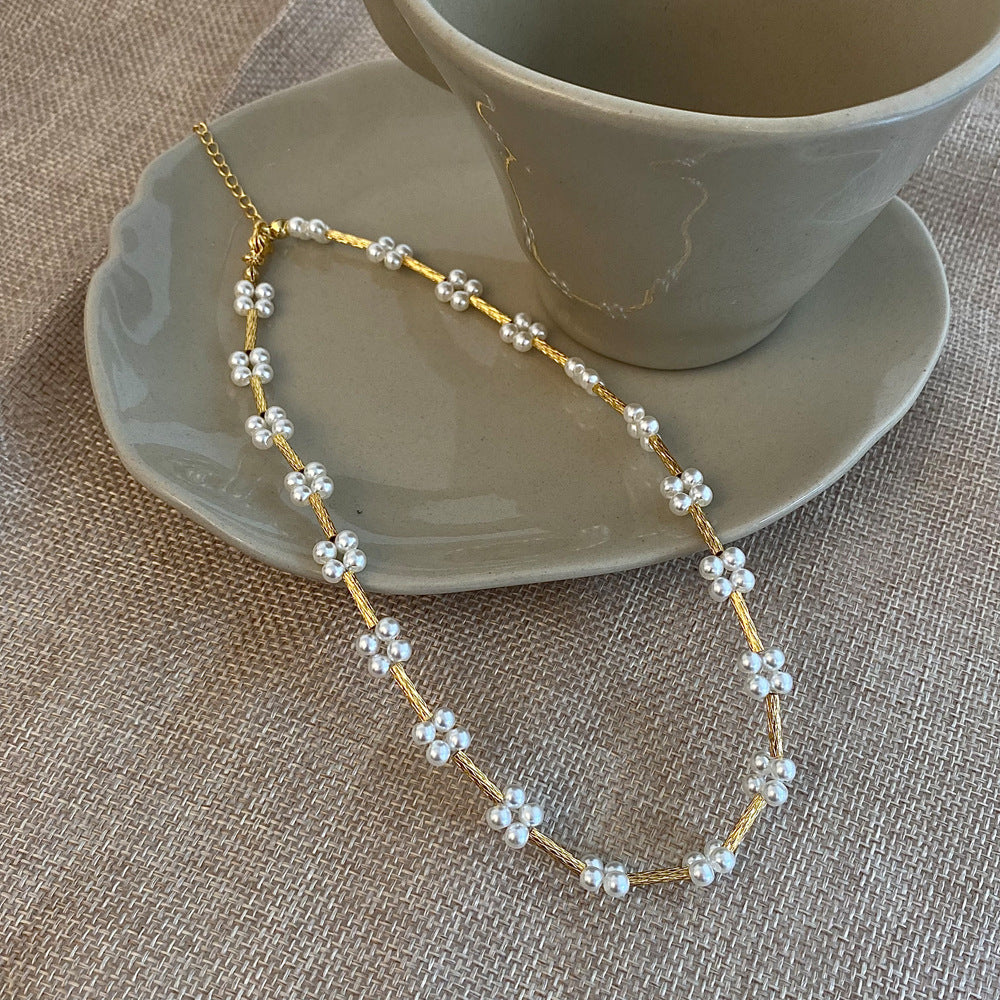 Trendy Shiny Pearl Flower Beads Styled Gold Necklace JLTN1243