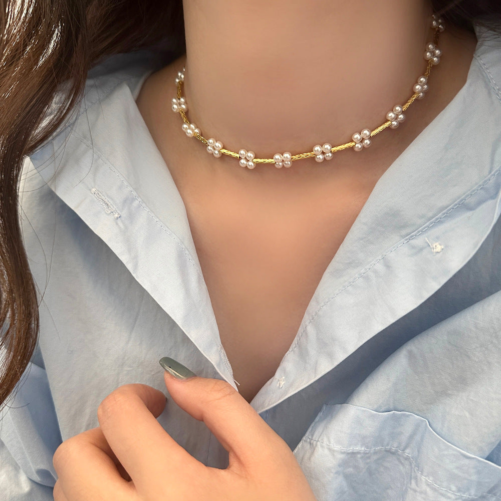 Trendy Shiny Pearl Flower Beads Styled Gold Necklace JLTN1243