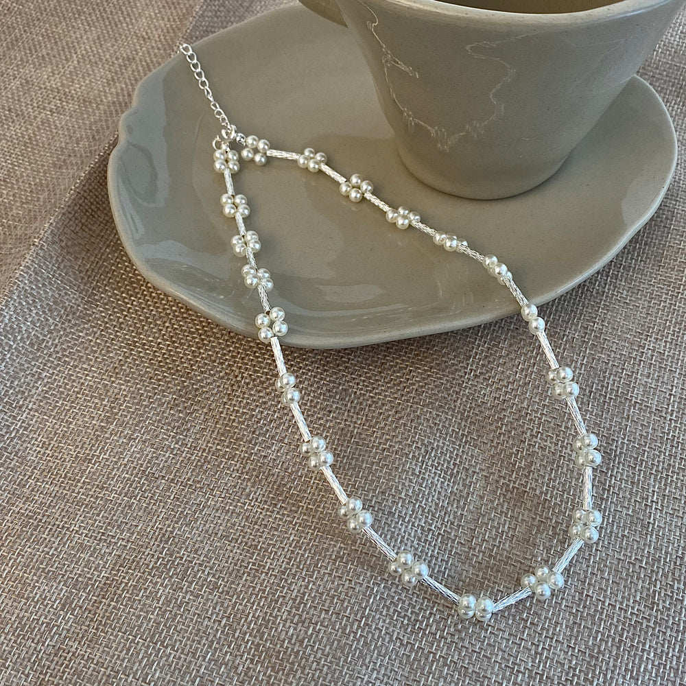Trendy Shiny Pearl Flower Beads Styled Silver Necklace JLTN1244