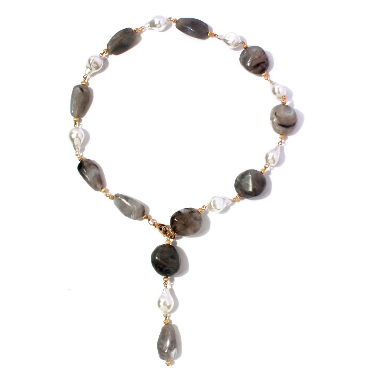 Grey Marble and Pearl Lariat JLTN1727