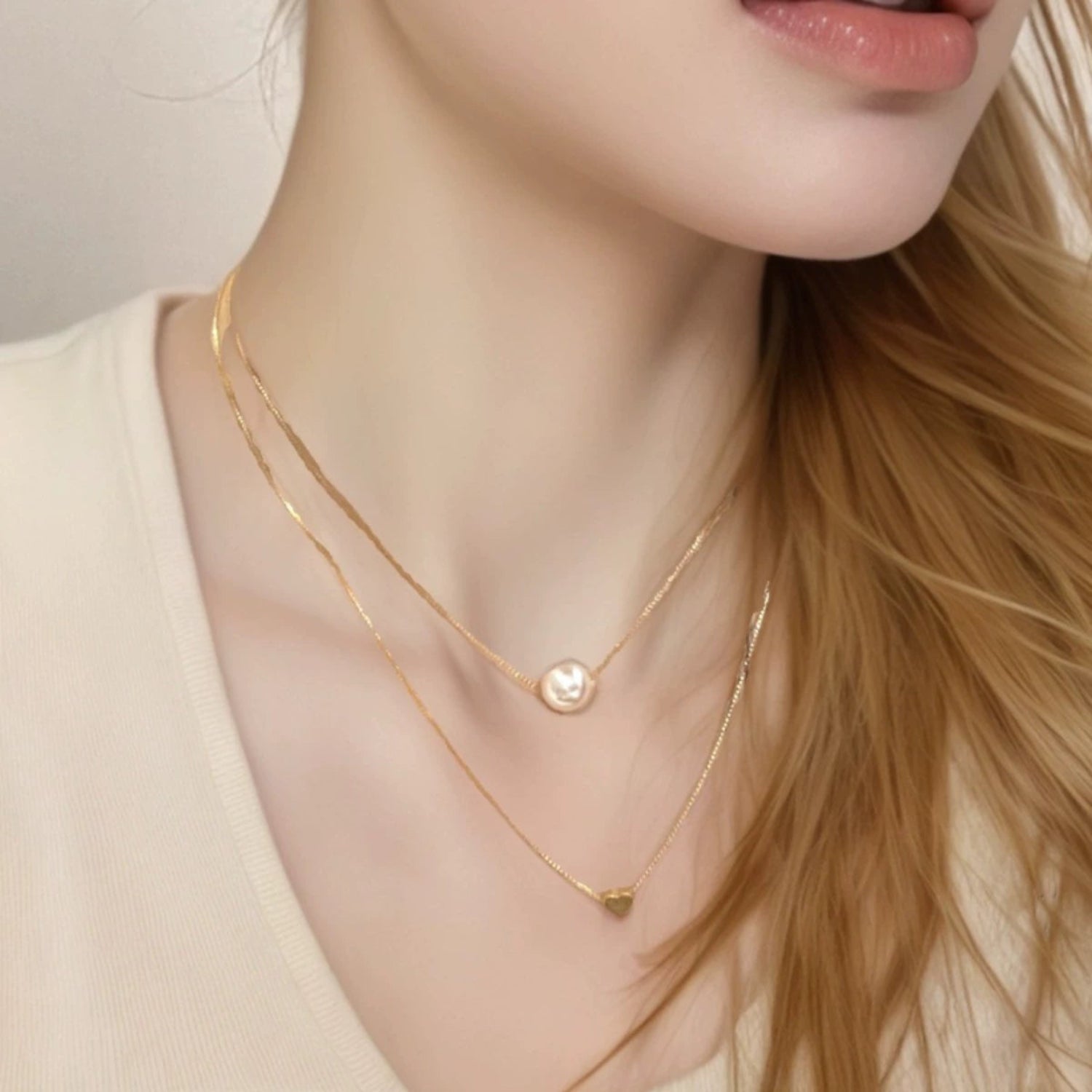 Layered Pearl Heart Gold Necklace JLTN1728