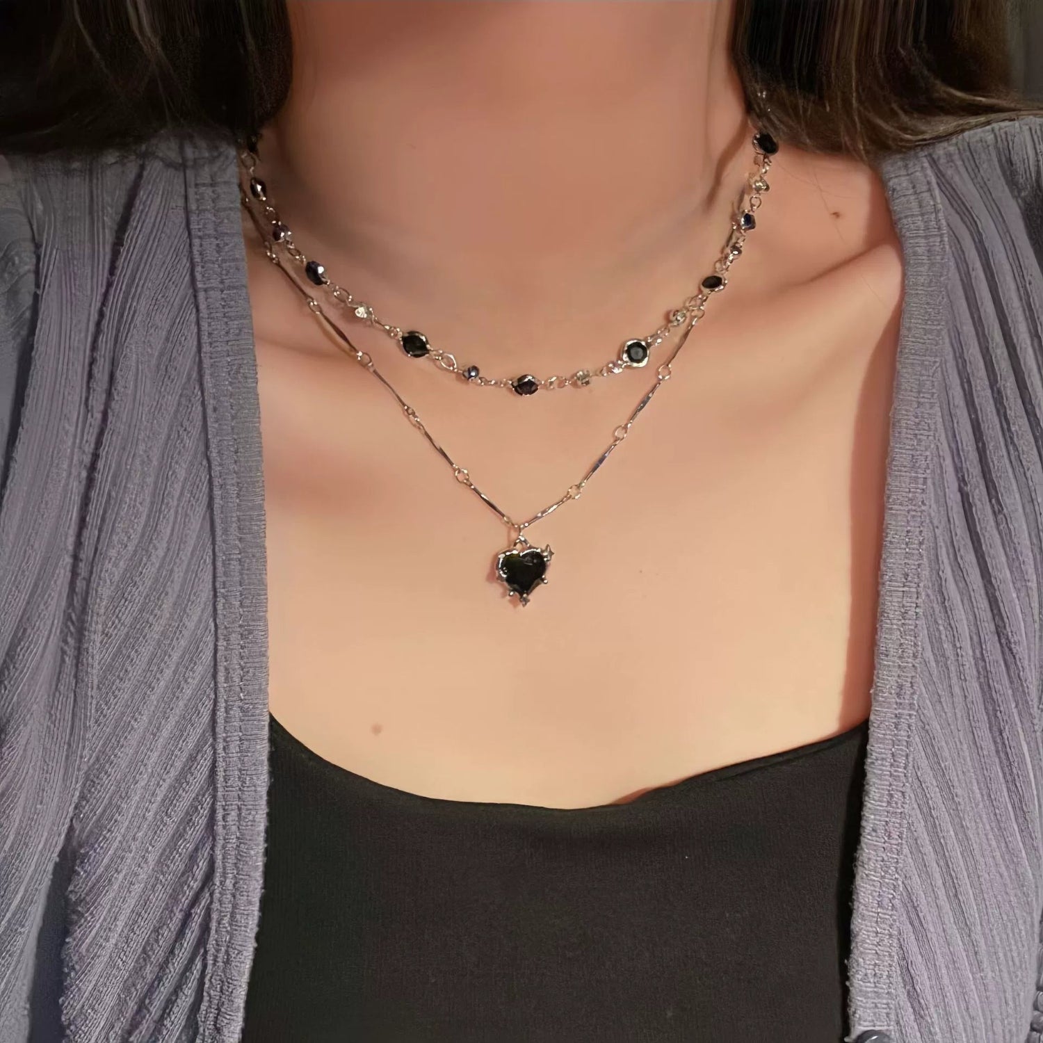 Double Layer Black Heart Choker JLTN1731