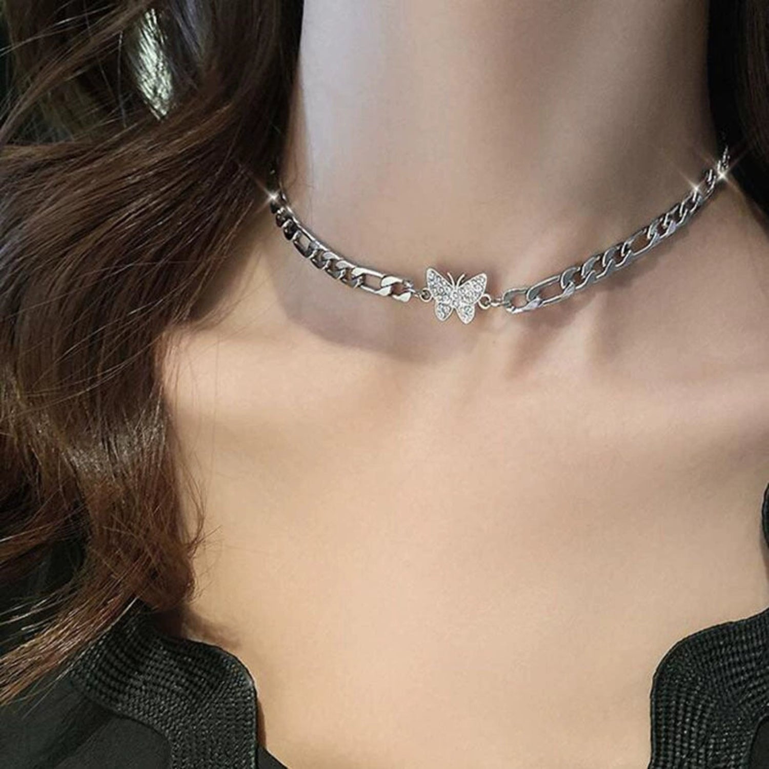 Silver Butterfly Crystal Choker Necklace JLTN1744