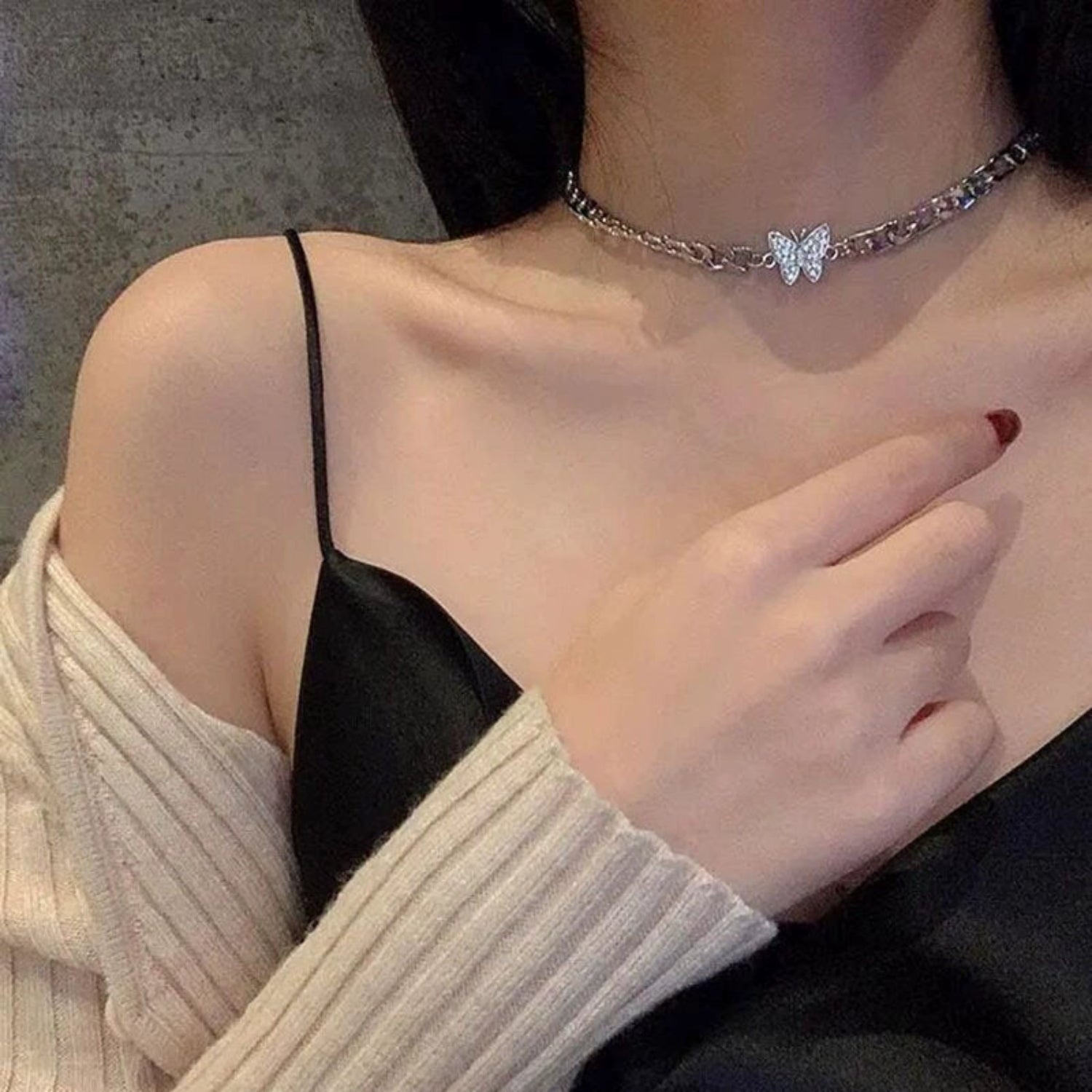 Silver Butterfly Crystal Choker Necklace JLTN1744
