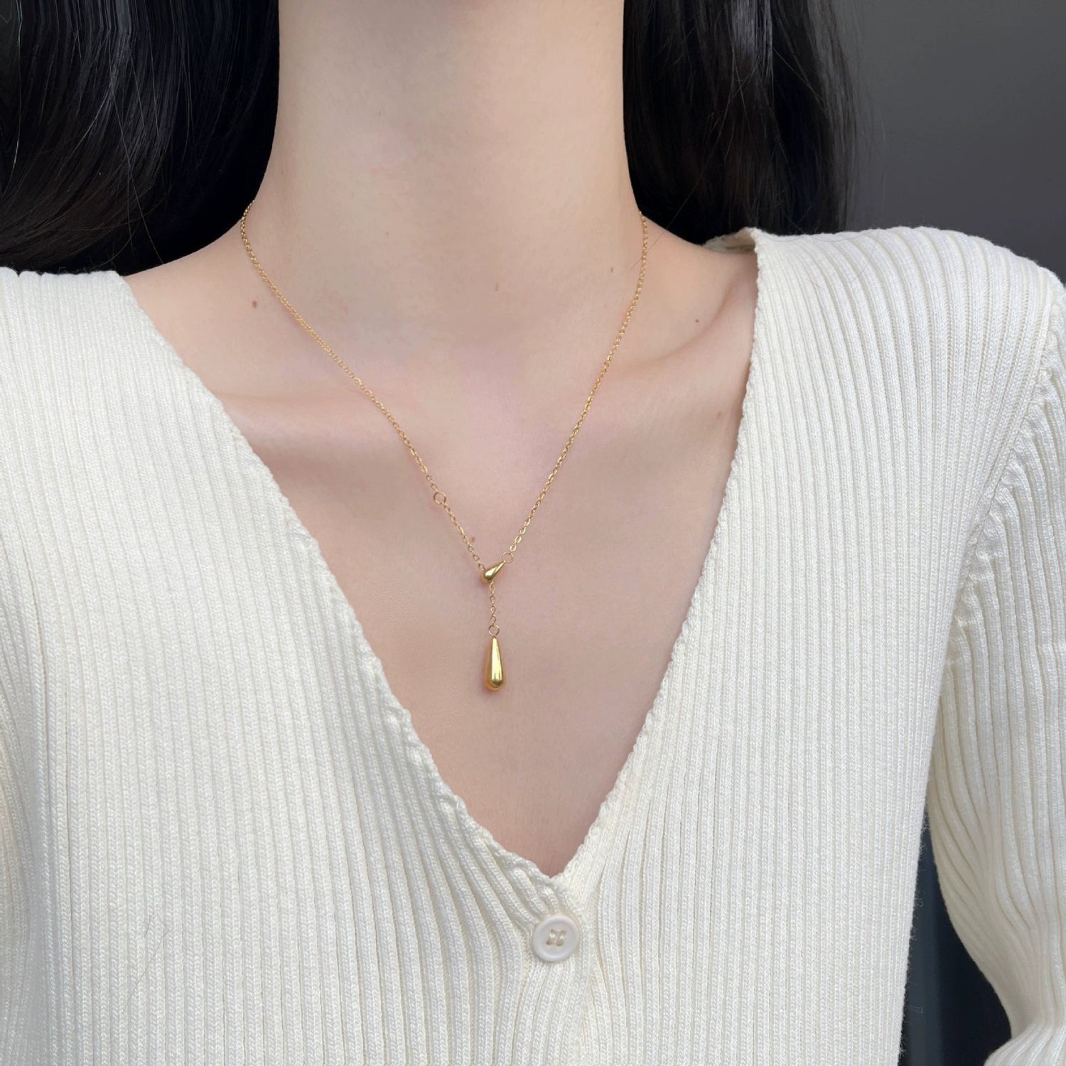Gold Dual-Teardrop Lariat Necklace JLTN1764