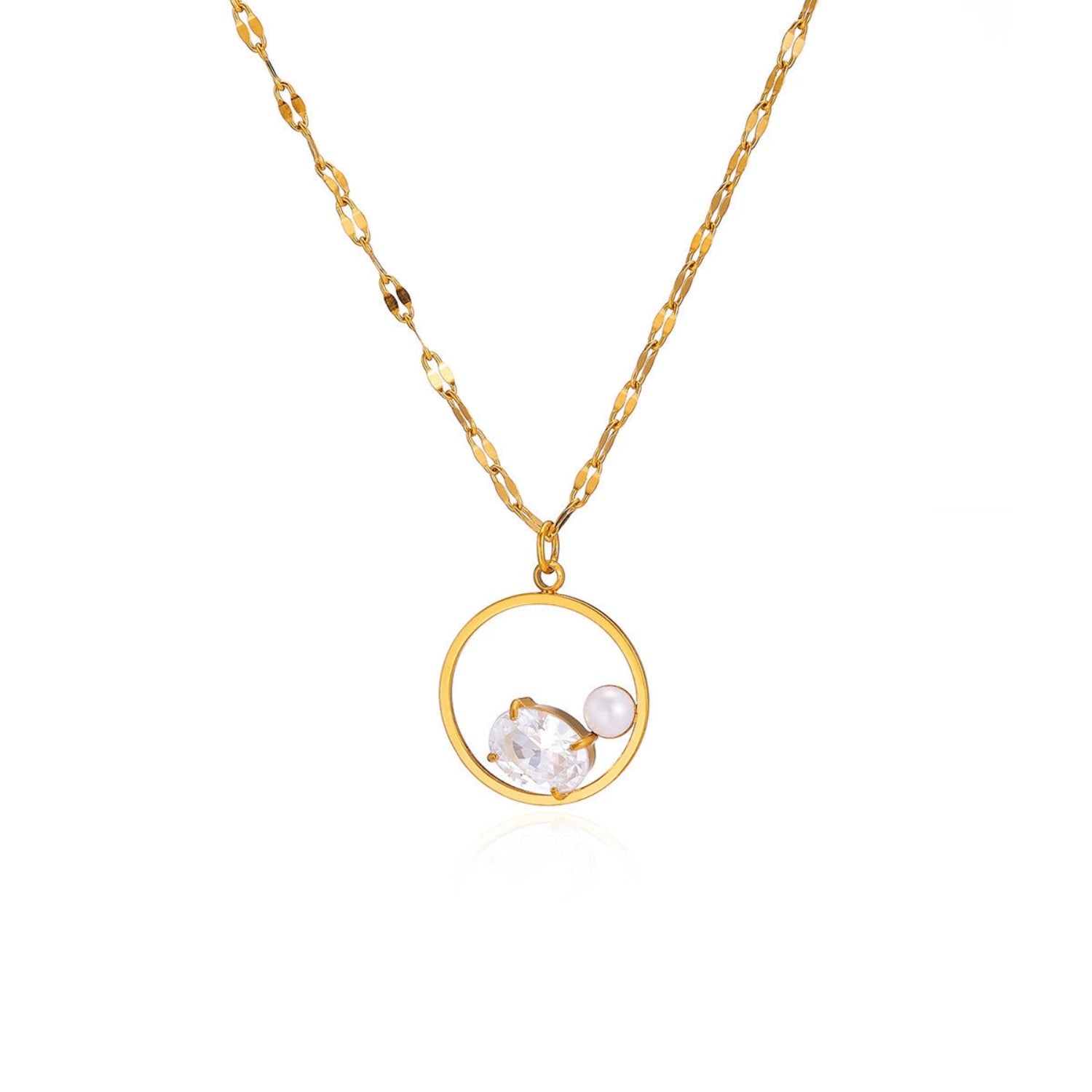 Gold Crystal Pearl Circle Necklace JLTN1778