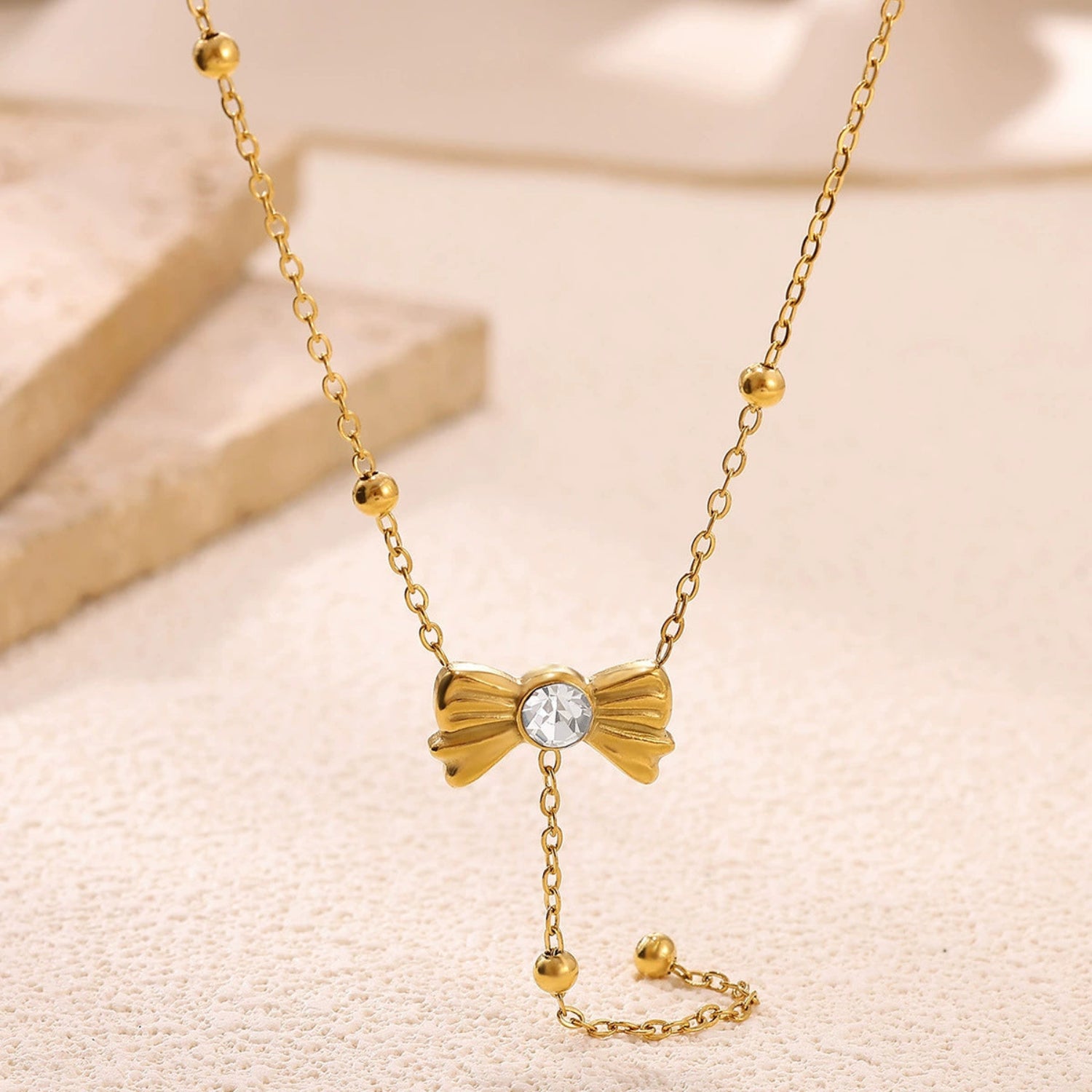 Gold Beaded Bow Crystal Necklace JLTN1800