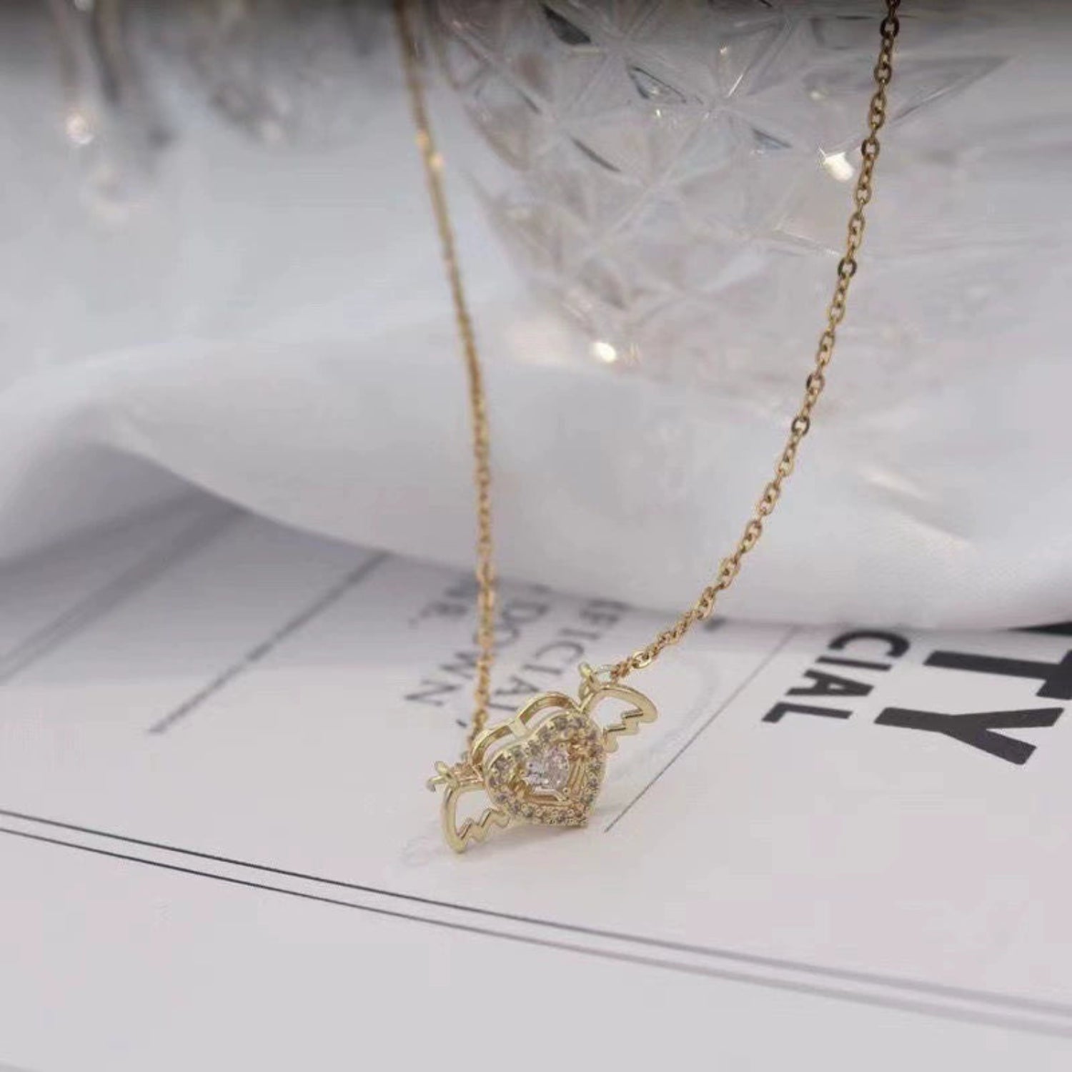 Gold Winged Heart Crystal Necklace JLTN1822