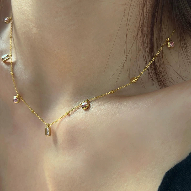Pink Crystal Gold Charm Necklace JLTN1836