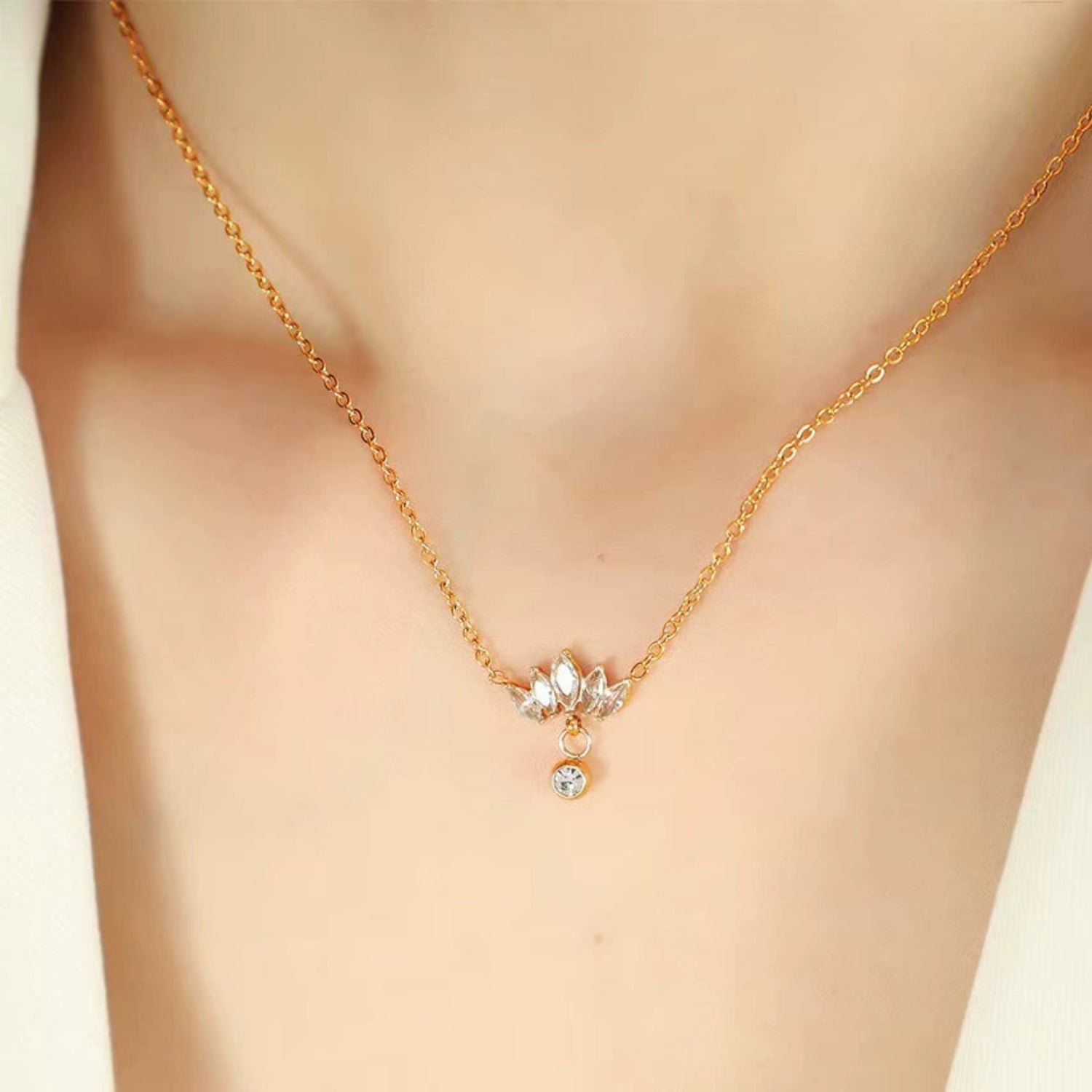 Gold Lotus Crystal Drop Necklace JLTN1839