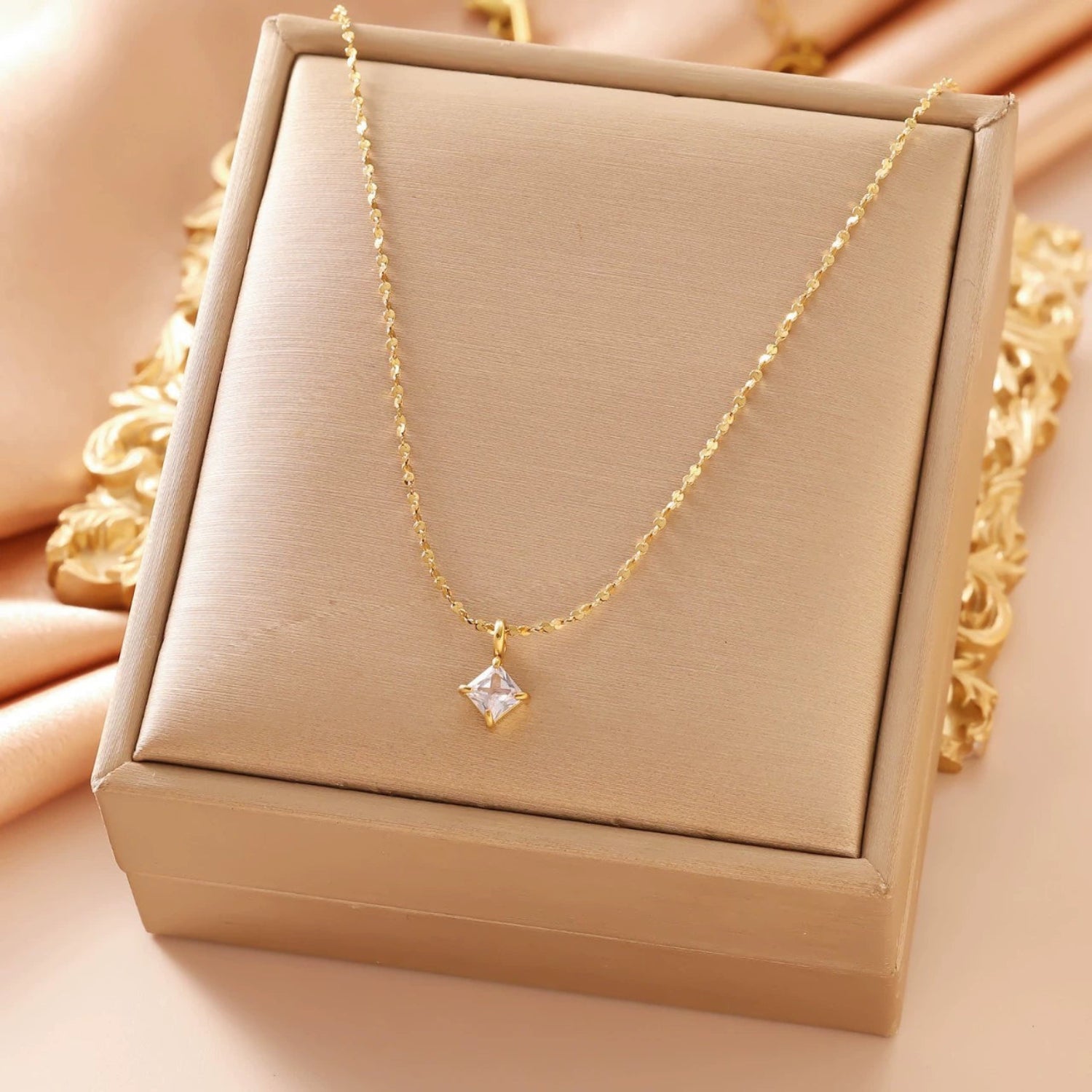 Gold Square Crystal Pendant Necklace JLTN1846