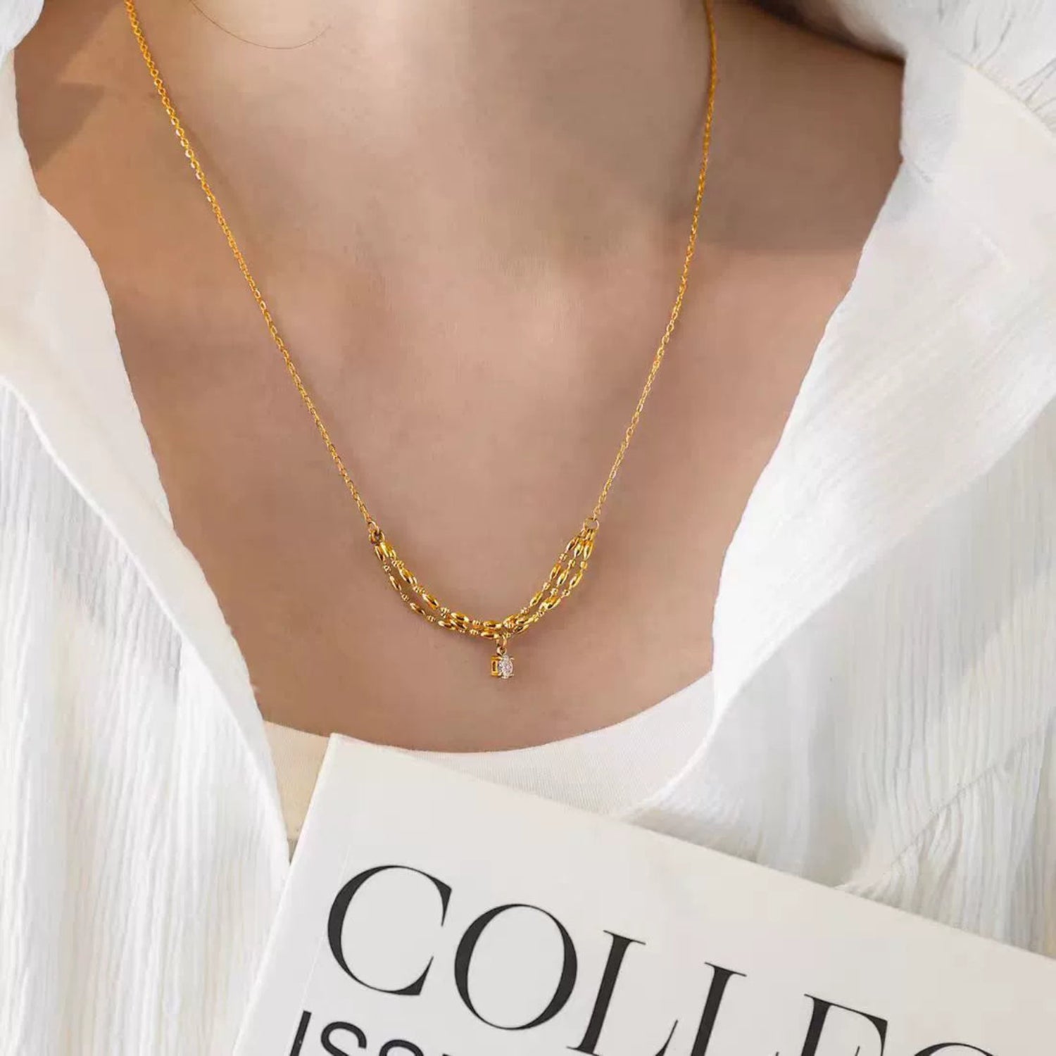Gold Triple-Strand Beaded Drop Necklace JLTN1849