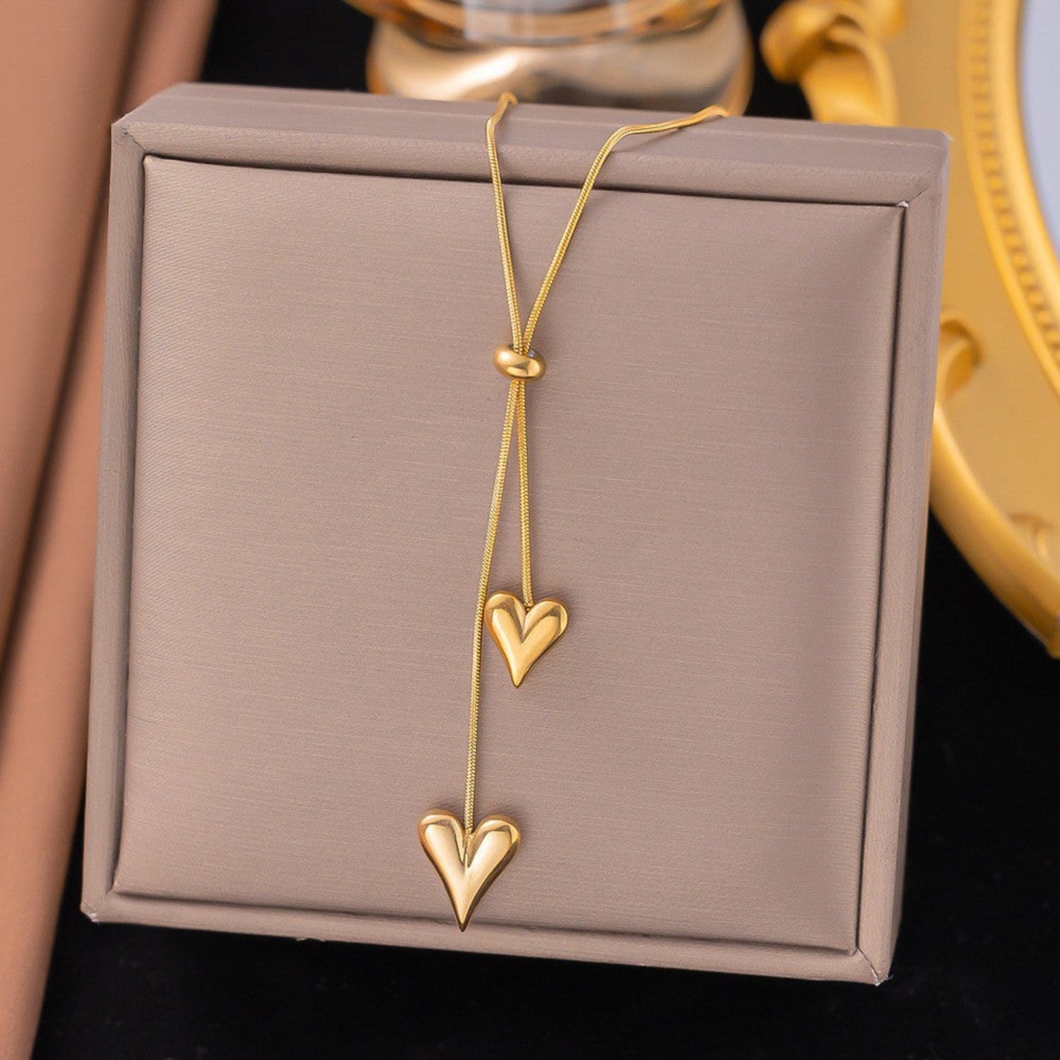 Gold Double Heart Lariat Necklace JLTN1865