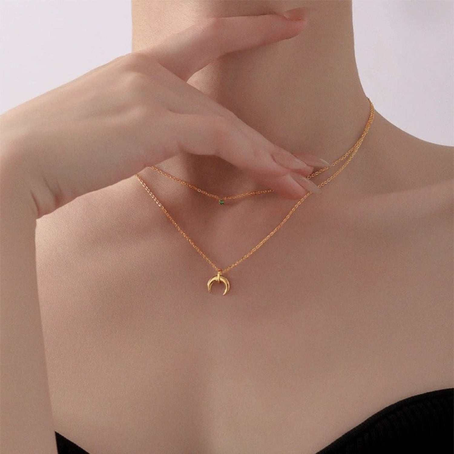Gold Emerald Moon Layered Necklace JLTN1868
