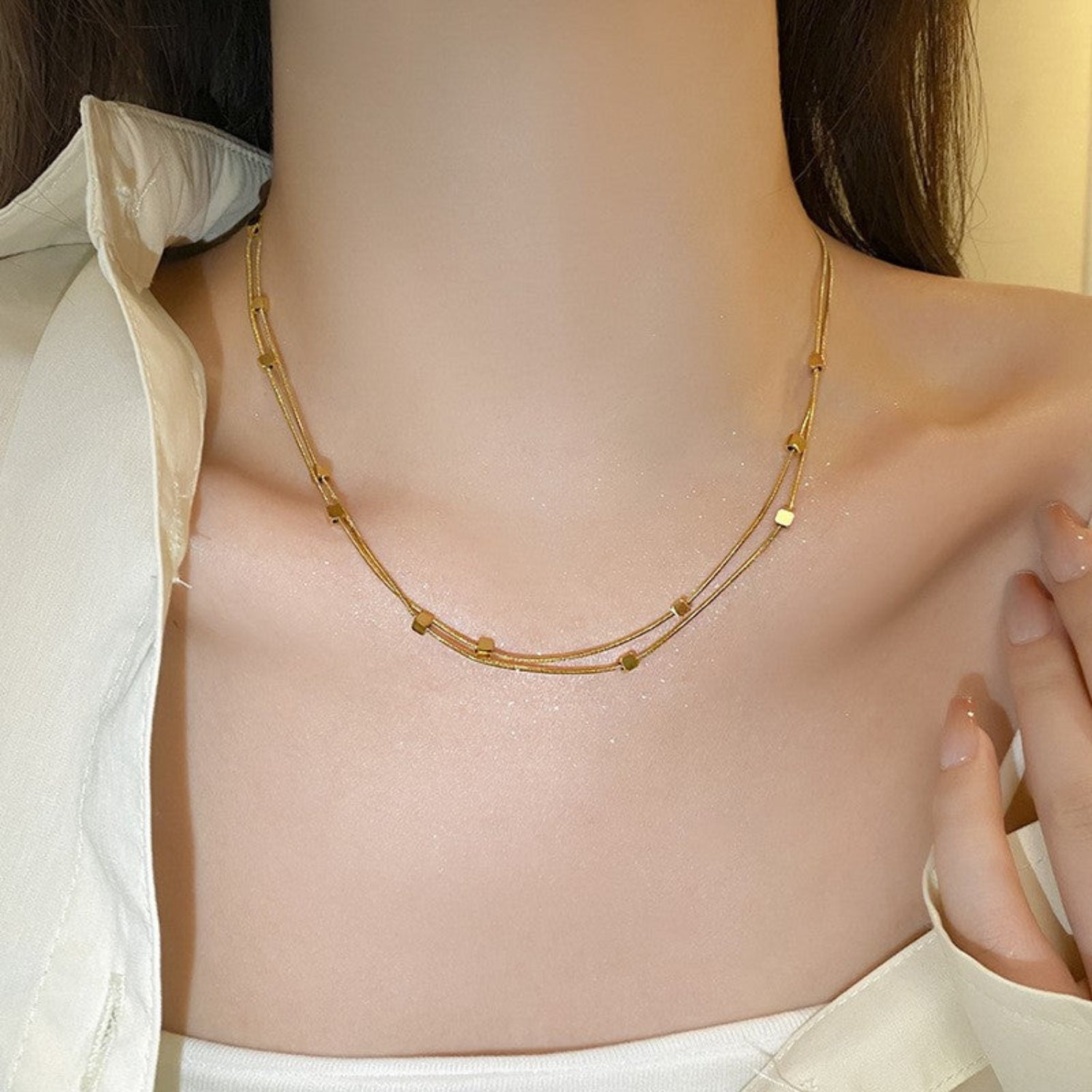 Gold Square Bead Layered Necklace JLTN1870