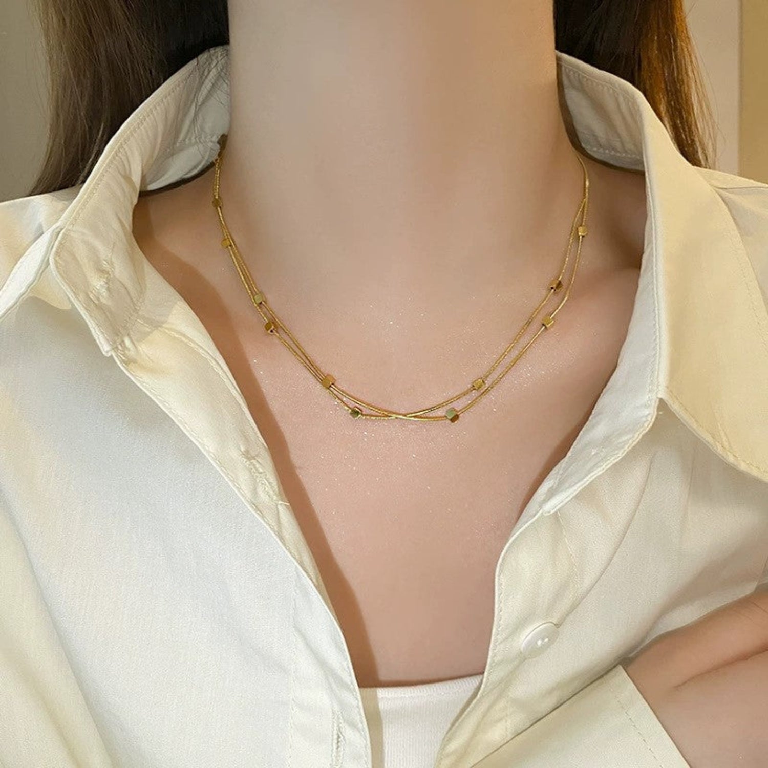 Gold Square Bead Layered Necklace JLTN1870