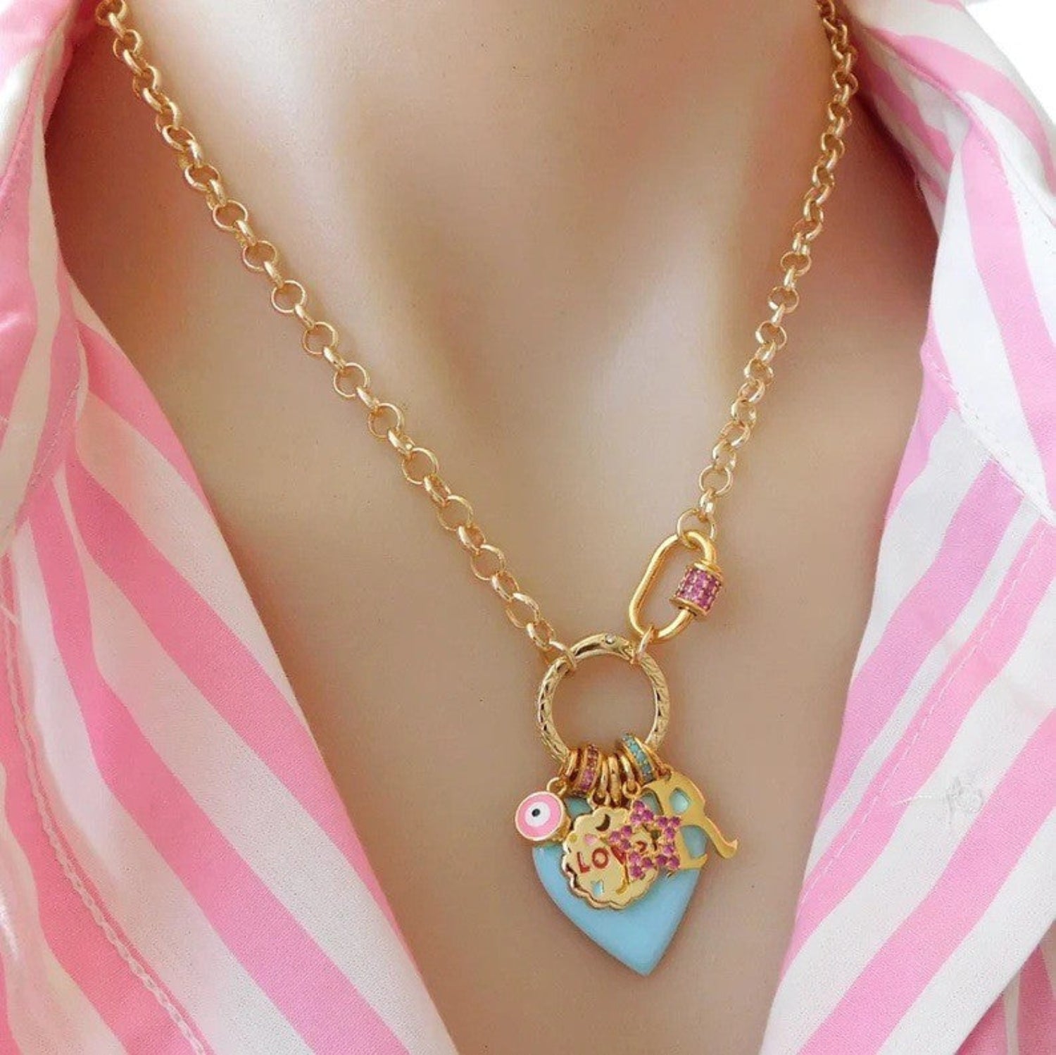 Gold Multi-Charm Heart Link Necklace JLTN1887