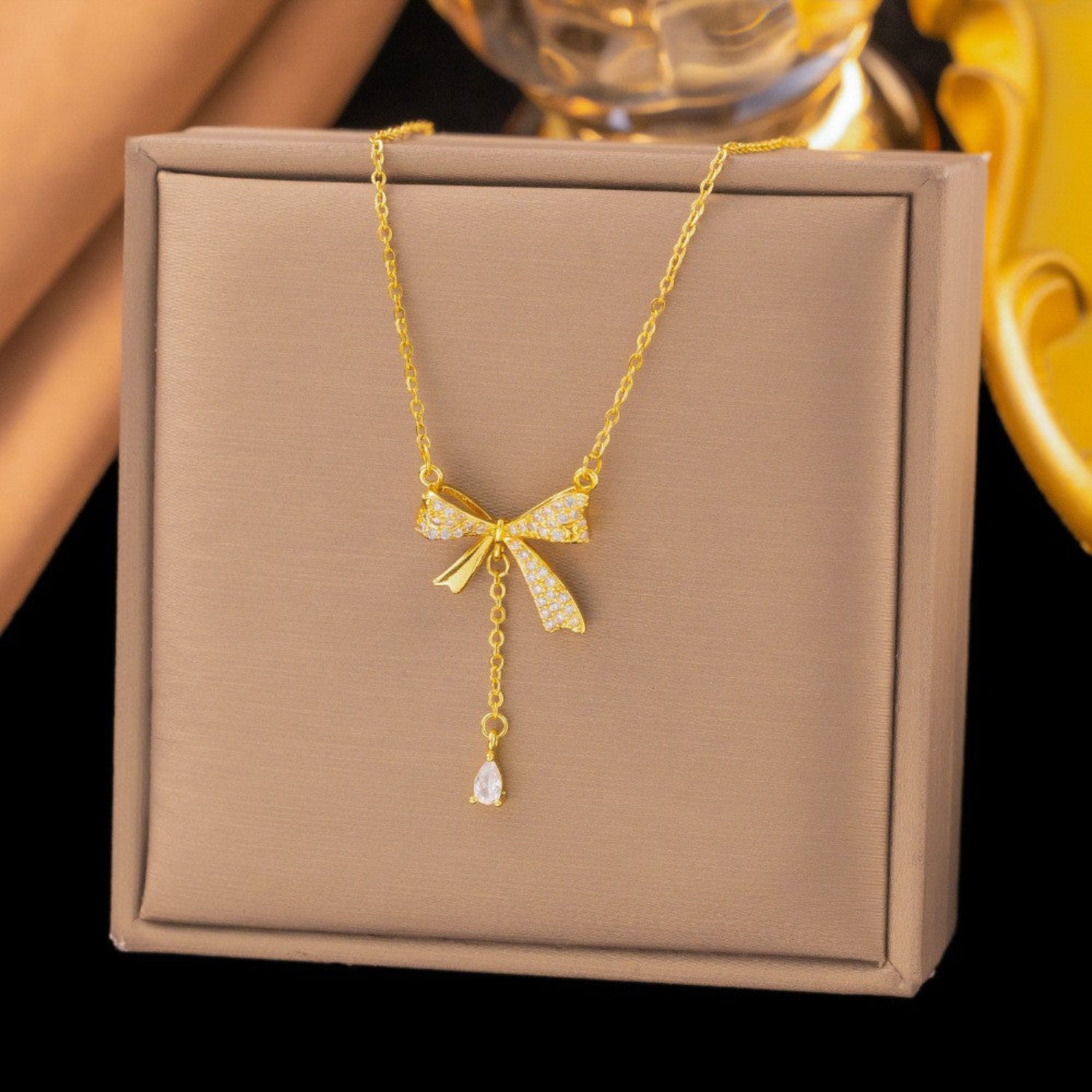Gold Crystal Bow Necklace JLTN1905