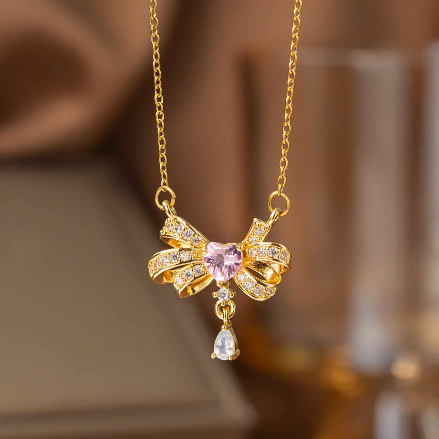 Pink Heart Bow Crystal Necklace JLTN1907