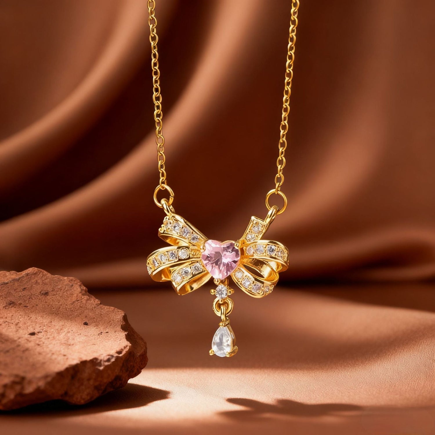 Pink Heart Bow Crystal Necklace JLTN1907