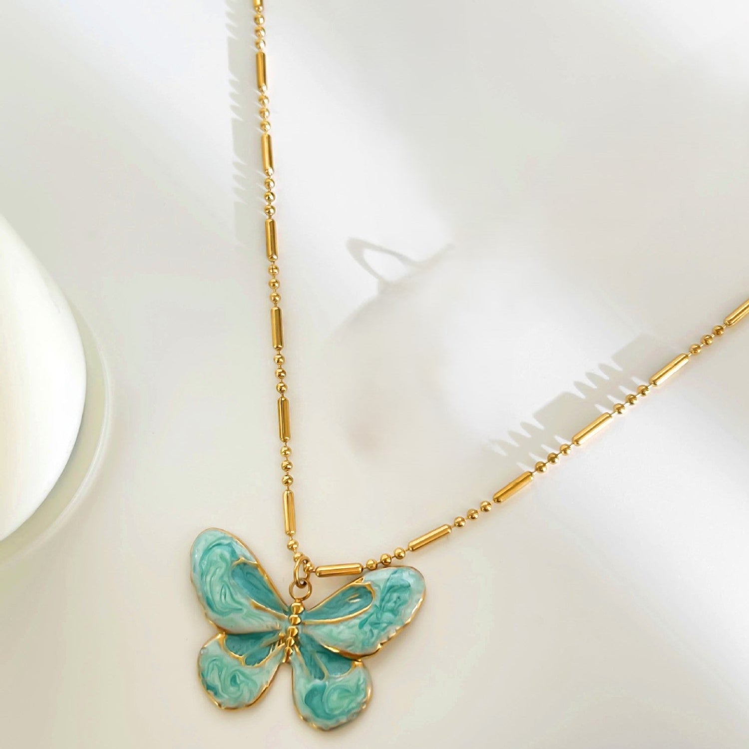 Teal Butterfly Enamel Gold Necklace JLTN1931