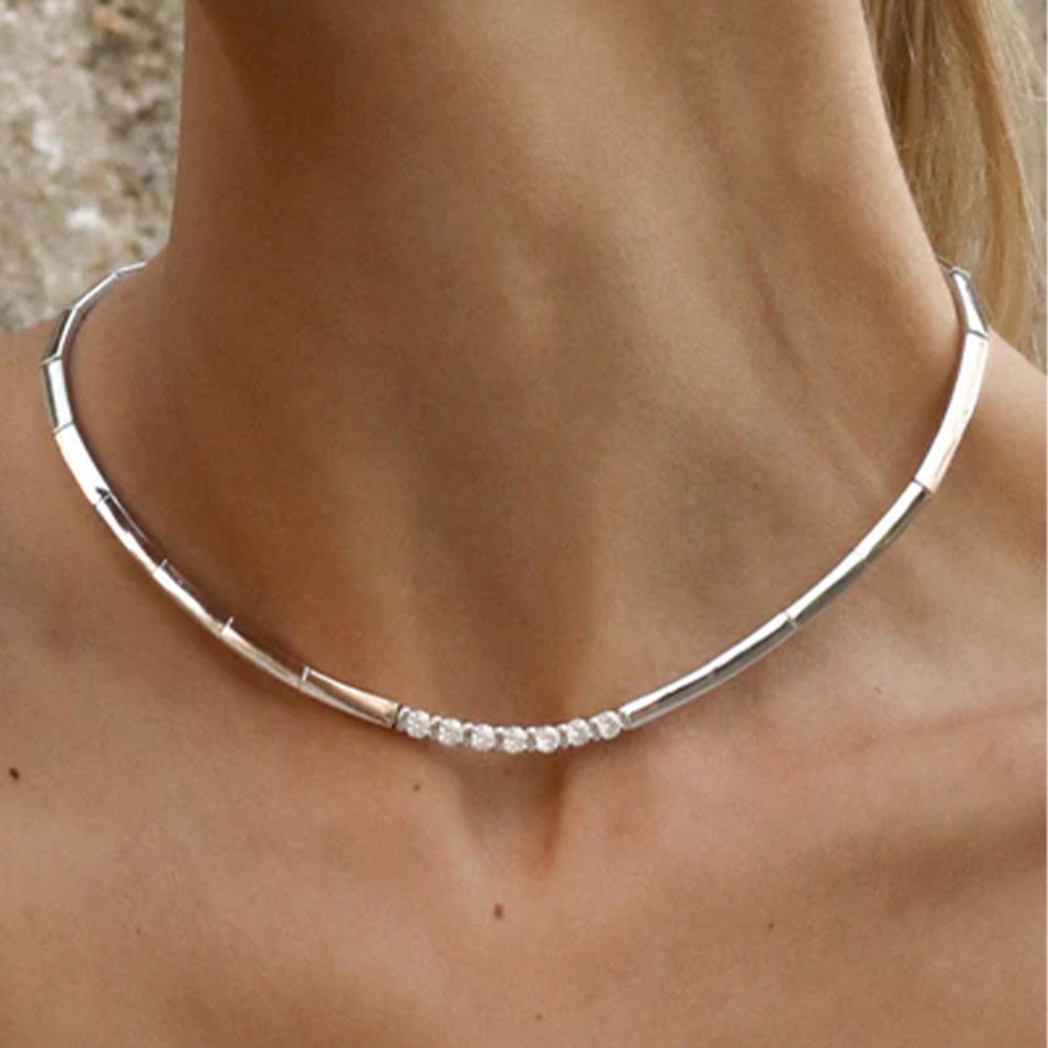 Silver Bamboo Crystal Choker Necklace JLTN1932