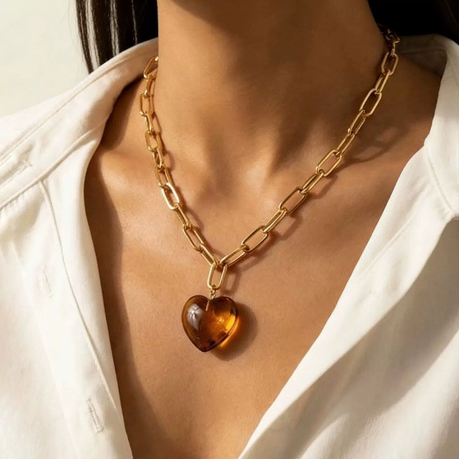 Gold Amber Heart Pendant Necklace JLTN1942