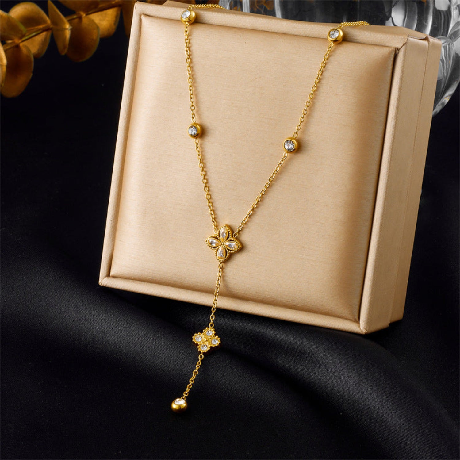 Gold Floral Crystal Lariat Necklace JLTN1943
