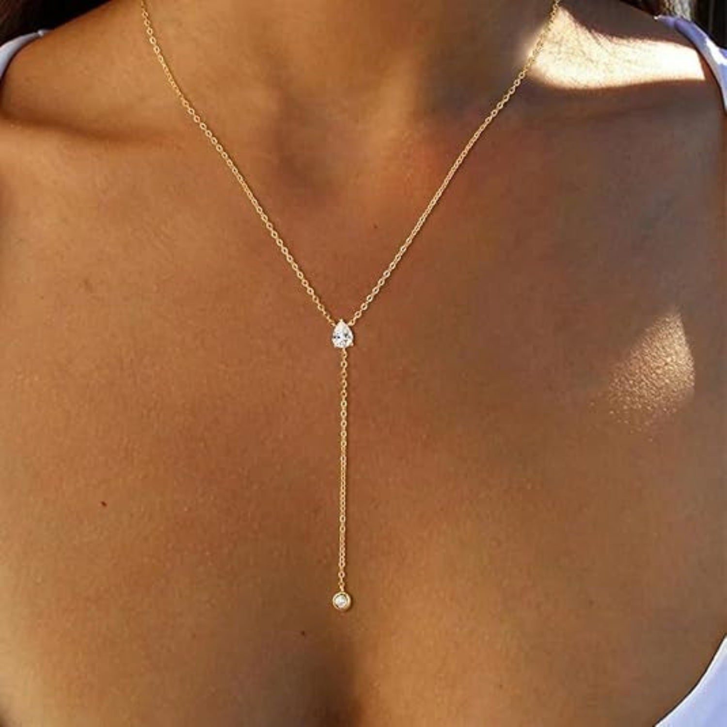 Gold Crystal Teardrop Lariat Necklace JLTN1946