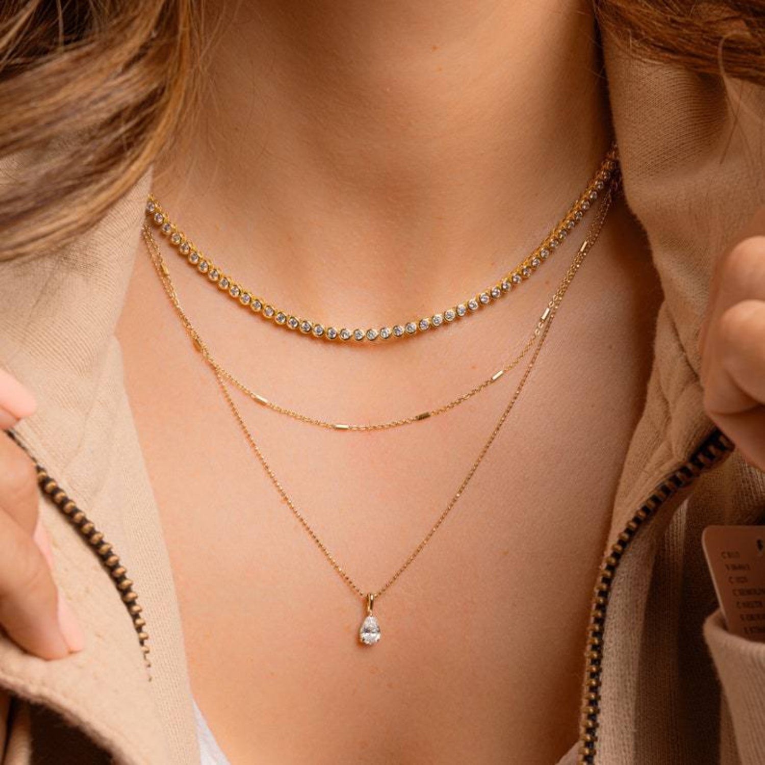 Gold Crystal Triple Layered Necklace JLTN1948