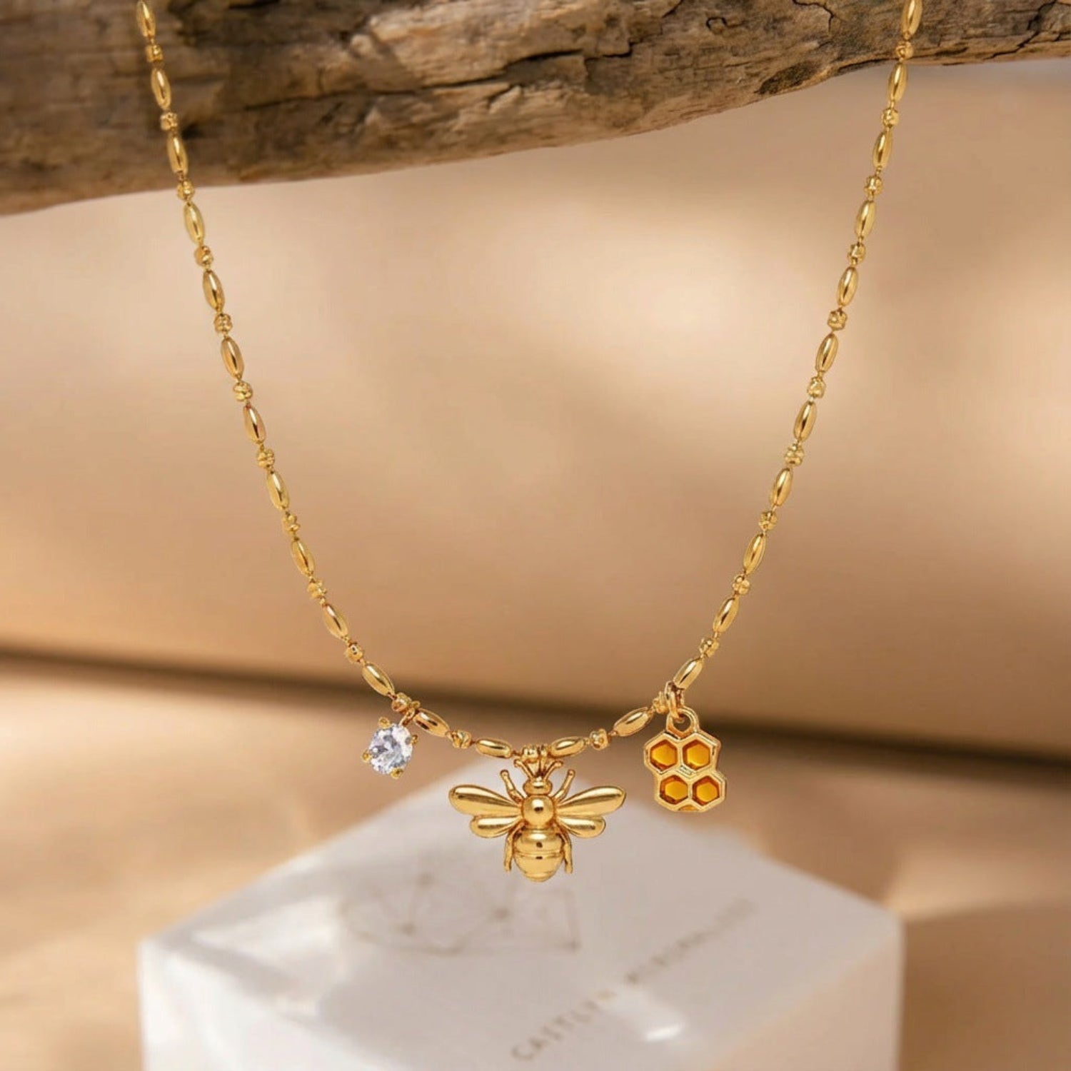 Gold Bee Honeycomb Charm Necklace JLTN1957