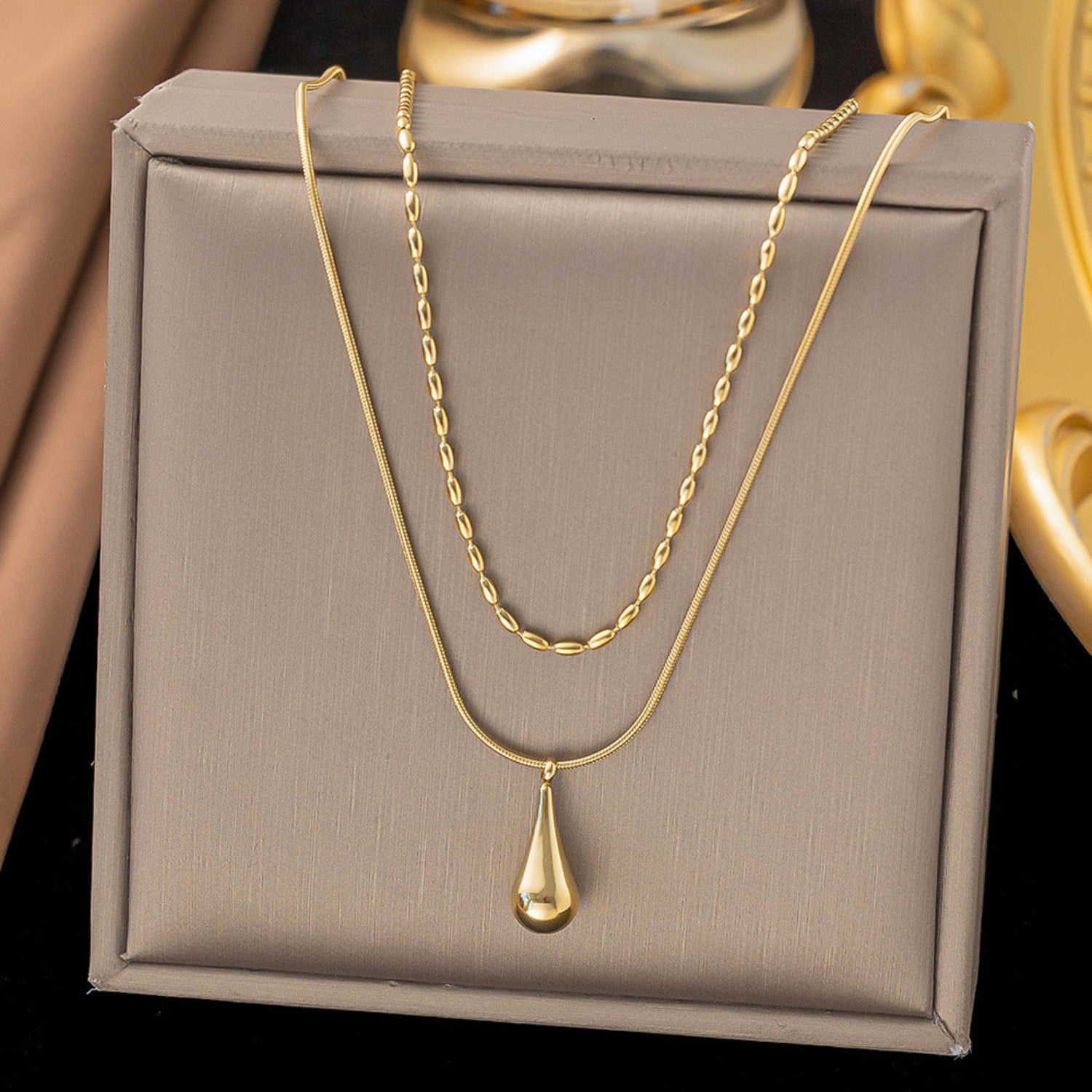 Gold Double Layered Teardrop Pendant Necklace JLTN1967