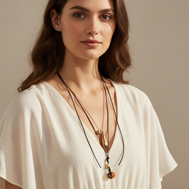 Black Layered Cord Charm Necklace JLTN2053