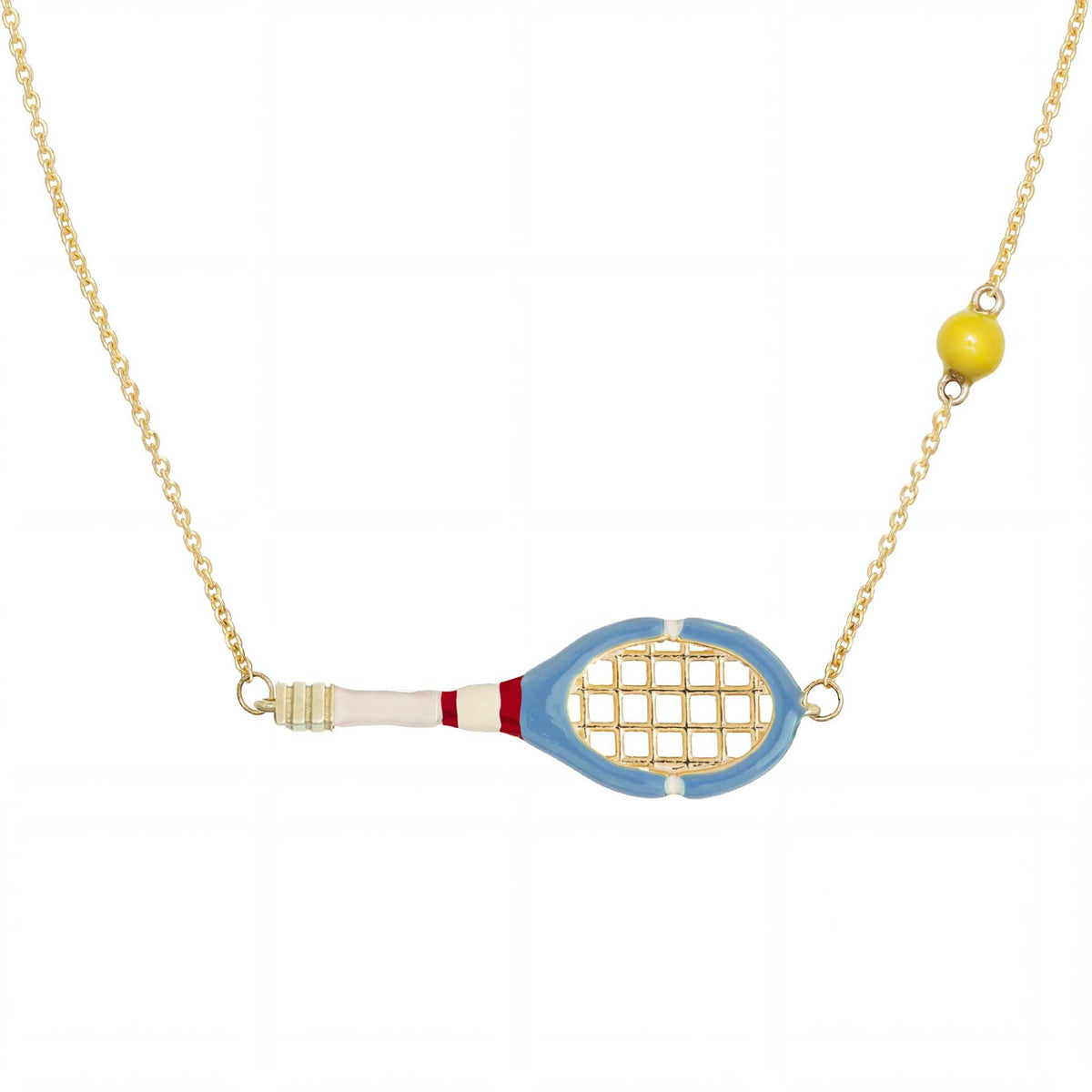 Gold Blue Tennis Racket Necklace JLTN2070