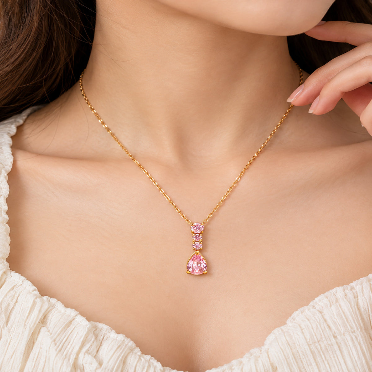 Golden Pink Teardrop Crystal Necklace JLTN2079