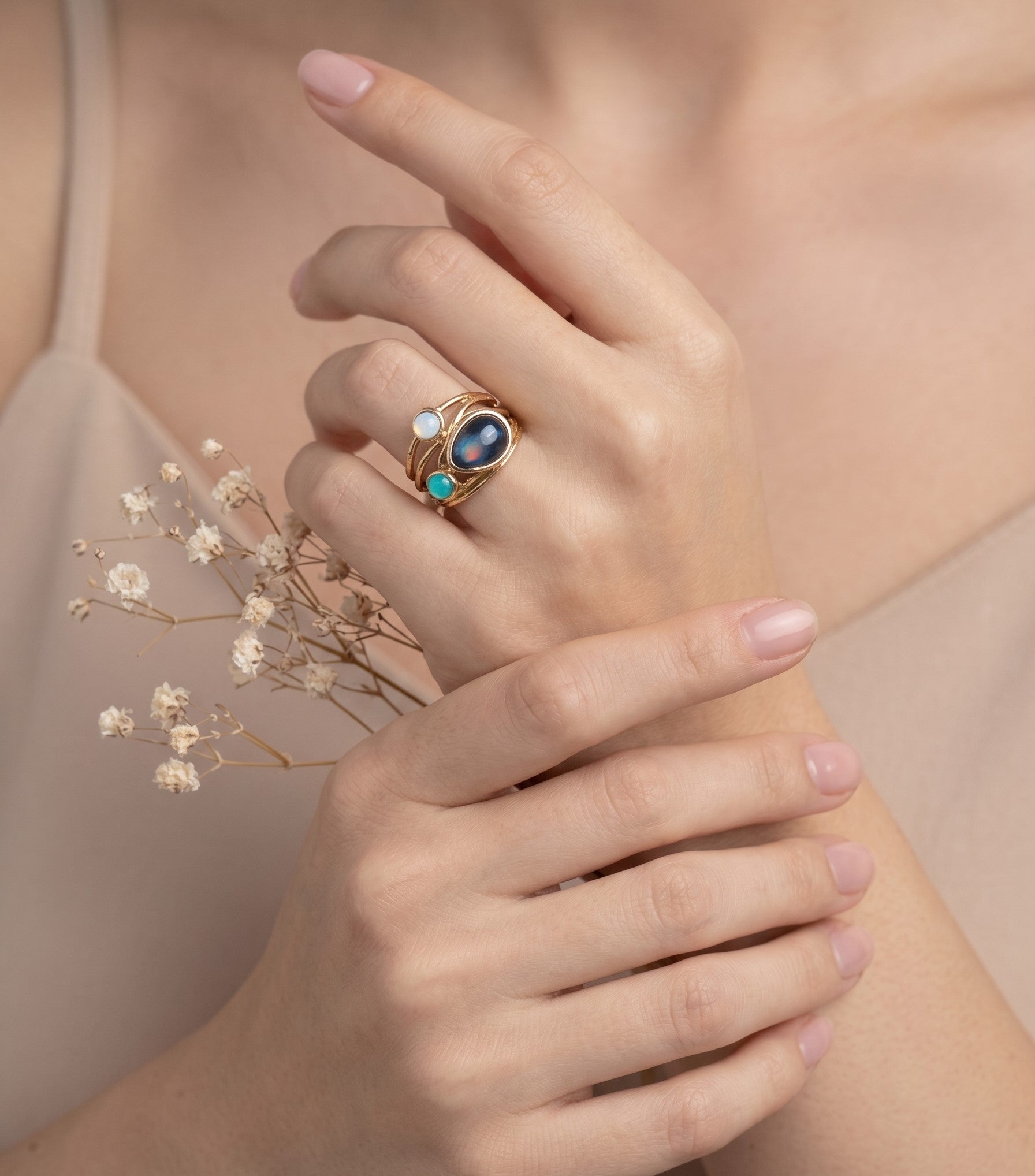 Just Lil Things Labradorite Trio Stone Gold Ring – Bohemian Iridescent Glow jltr0189