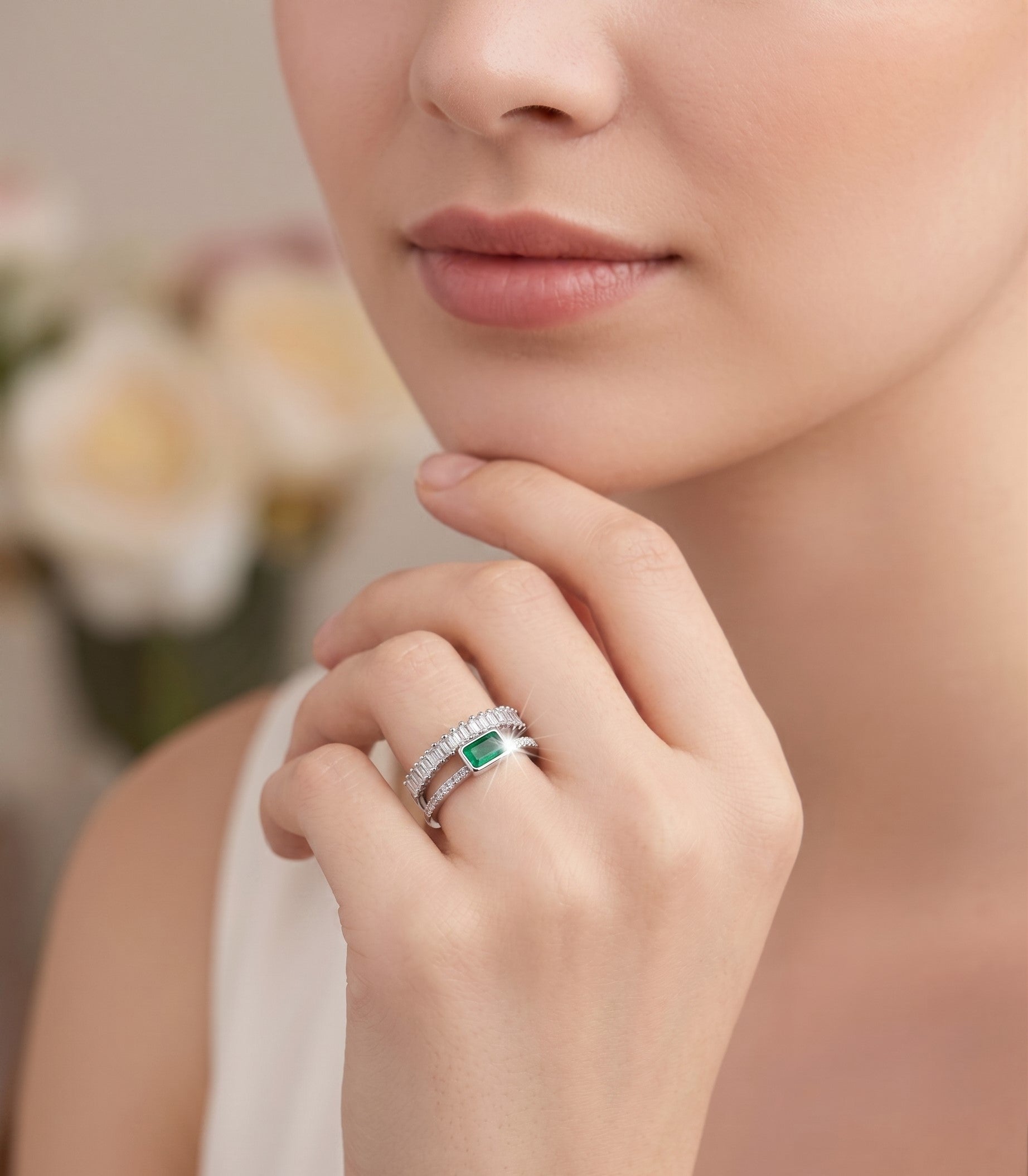Artificial Silver Emerald Green Stone Adjustable jltr0230