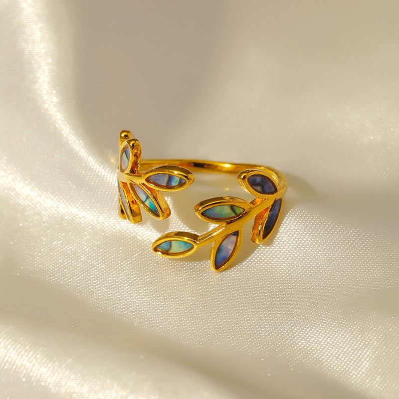 Unique Gold Leaf Motif Open Ring with Shimmering Hues JLTR0481