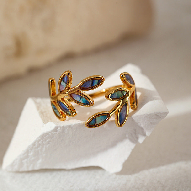 Unique Gold Leaf Motif Open Ring with Shimmering Hues JLTR0481