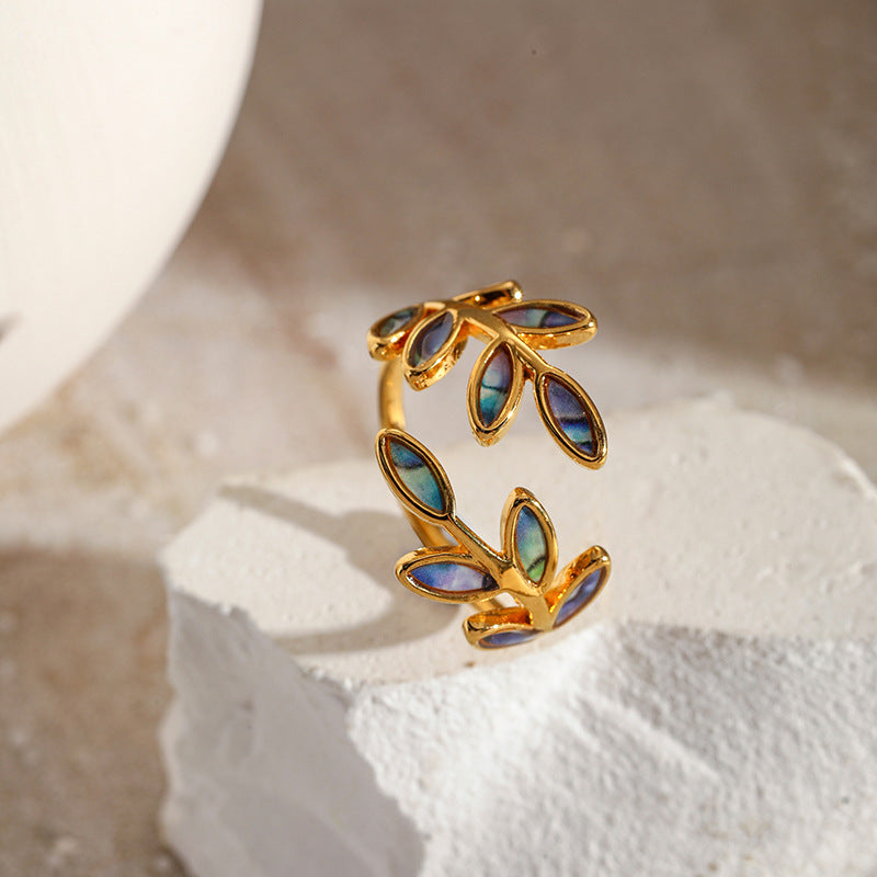 Unique Gold Leaf Motif Open Ring with Shimmering Hues JLTR0481