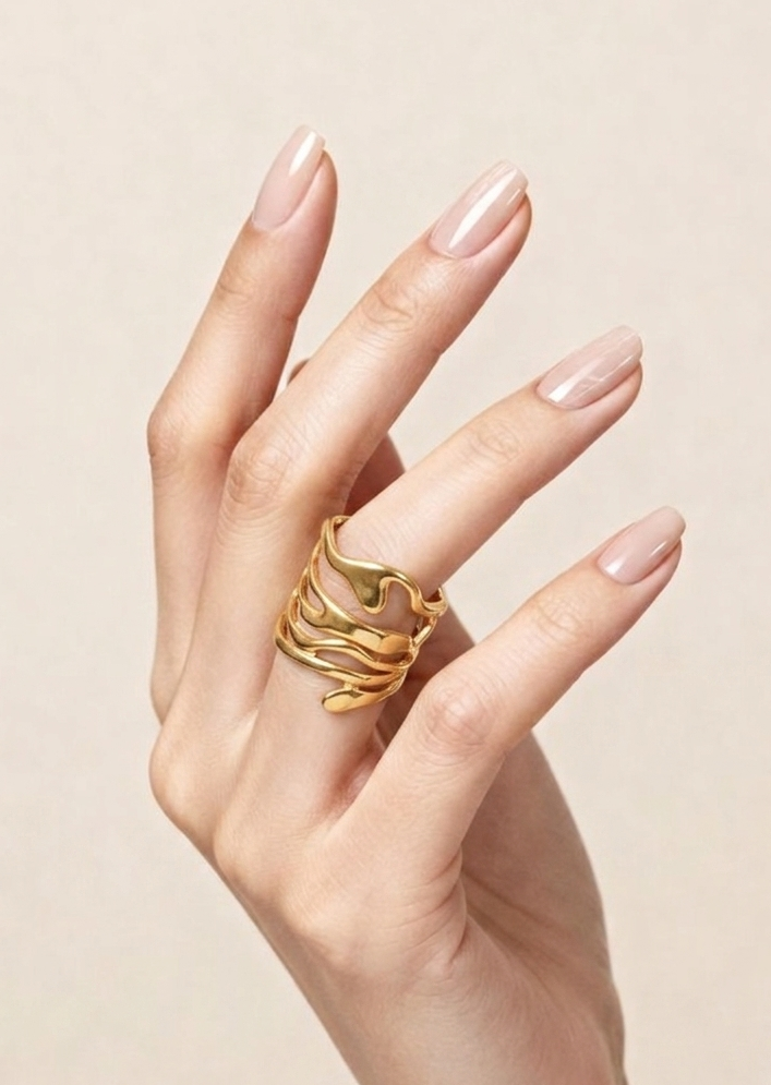 Golden Fluid Abstract Wave Statement Ring JLTR0533