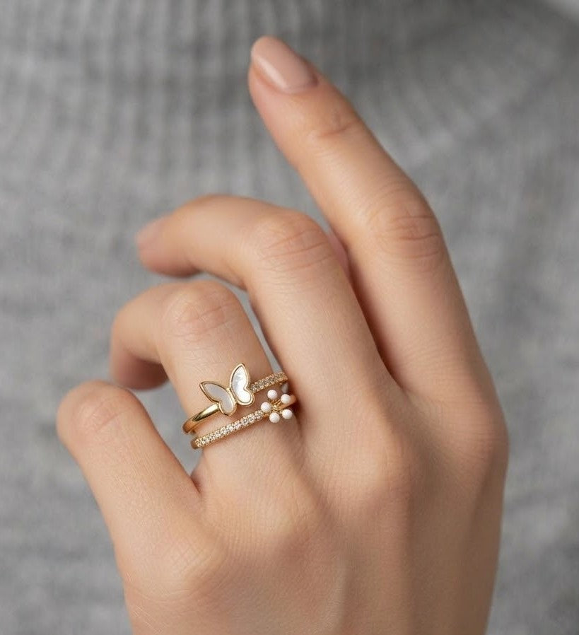 White Butterfly Floral Dual Band Ring JLTR0559