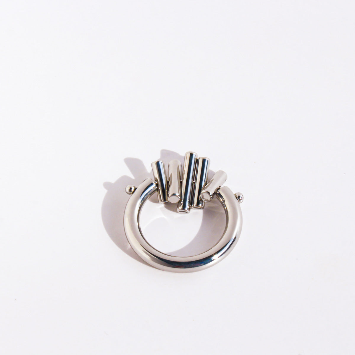 Silver Sculptural Vertical Cylindrical Geometric Ring JLTR0591