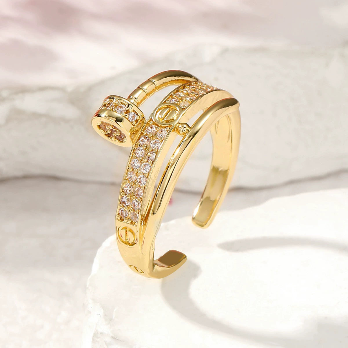 Elegant Dual Band Crystal Screw Ring JLTR0605