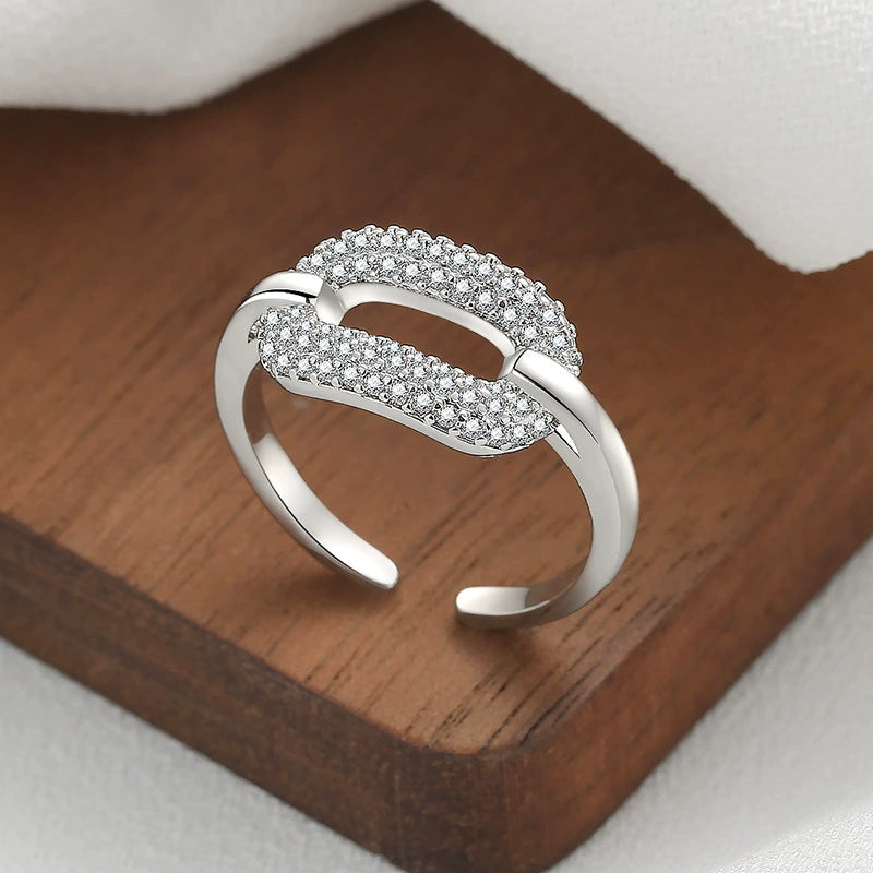 Silver Open Ring with Sparkling Crystal Paved Geometric Link Design JLTR0610