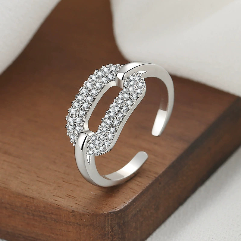 Silver Open Ring with Sparkling Crystal Paved Geometric Link Design JLTR0610